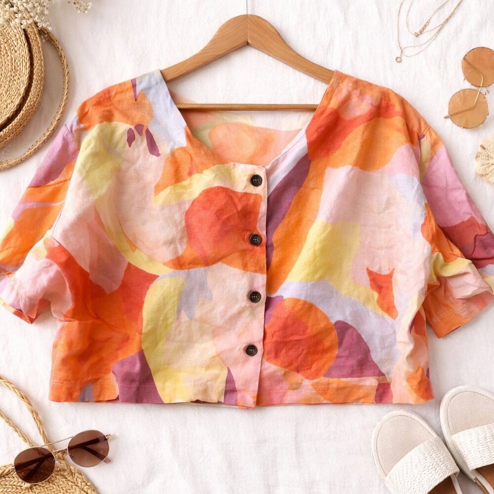 🎨 Linen Blend Abstract Print Button-Front Top | XXL | NWT